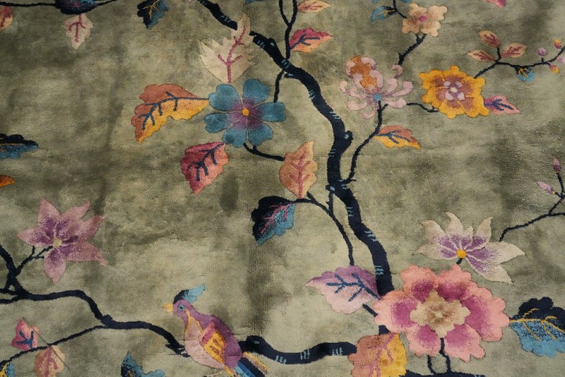 Antique Art Deco Large Rug 12x17 Vegetable Dye Chinese Green/ Gold Hand-knotted gallery