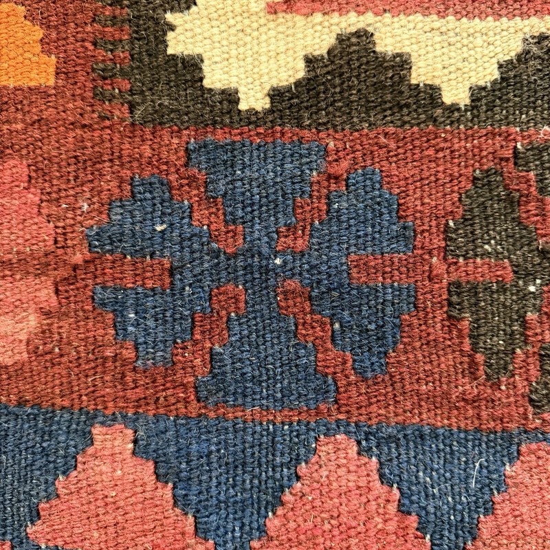 Vintage Handwoven Wool Kilim Rug – Bold Tribal Geometric Design 66” x 100” gallery