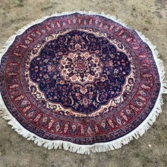 VINTAGE ROUND MAT RUG OLD CARPET LOVELY DESIGN RED BLUE TASSEL EDGE