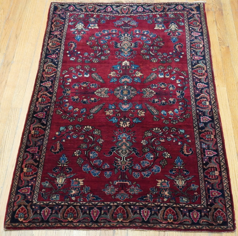 Antique Hand Knotted Wool Saroukk 3'3" x 5' Red Floral Oriental Rug