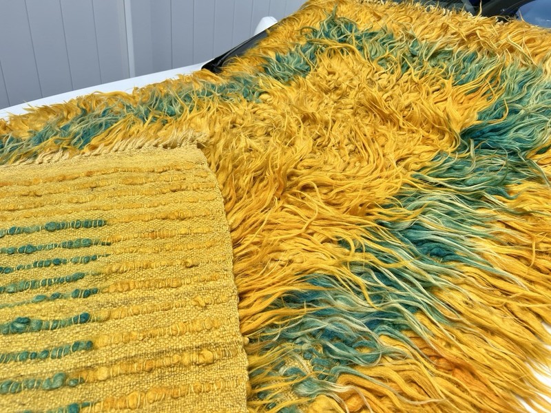 Gorgeous Estate Old Mid Century Yellow And aqua Green Shag Area Rug gallery