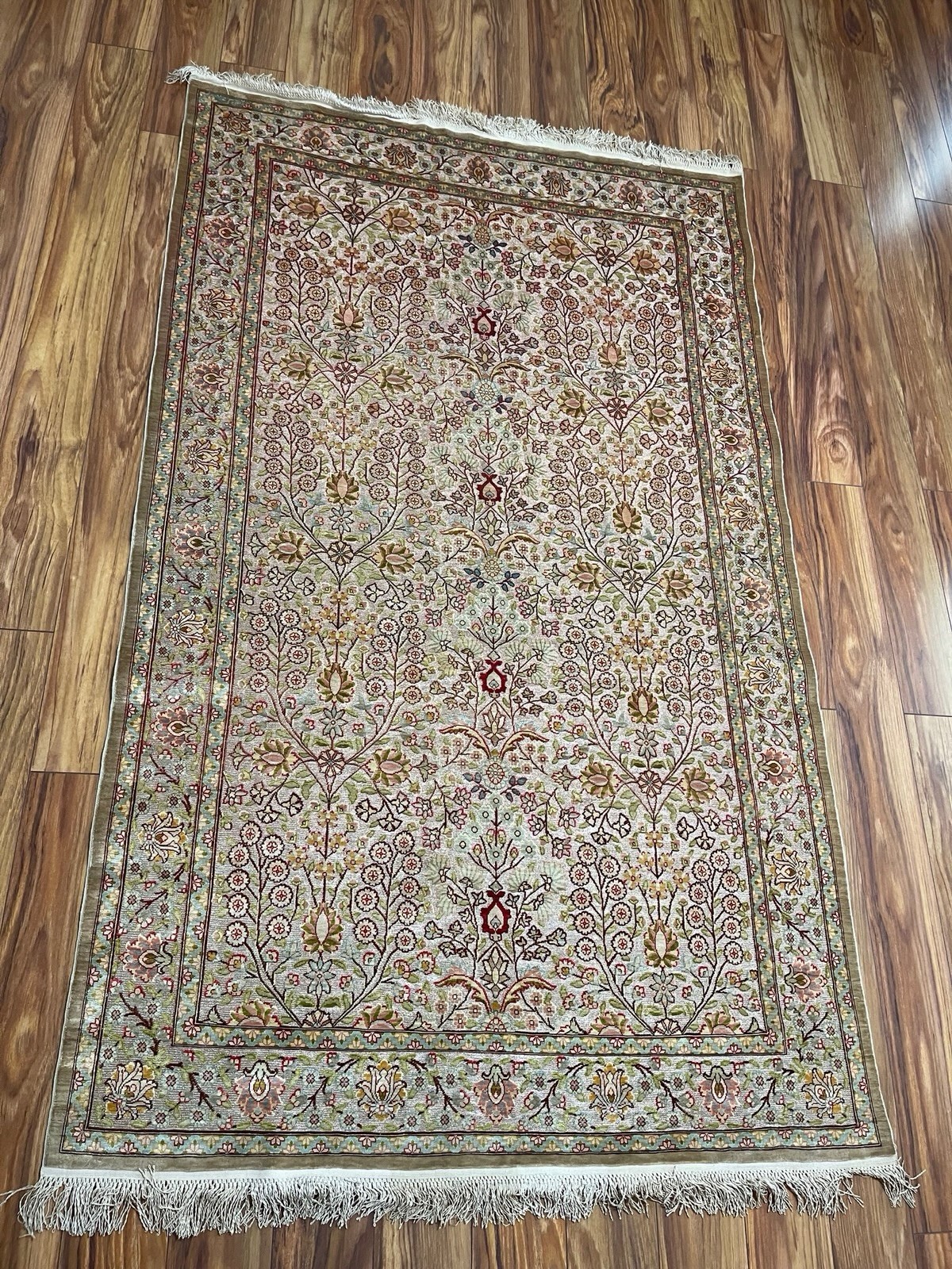 Vintage signed Hereke Silk and real GOLD Floral Rug 3’9”x6’10” 784 KPSI gallery
