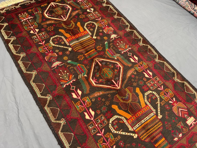 3'7x6'6 ft Vintage Afghan Baluchi Hand-Knotted Pictorial Dark Red Multicolor Rug gallery