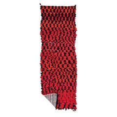 Moroccan Handmade Vintage Rug 2’7×7’7 Berber Checkered Red & Black Wool Carpet