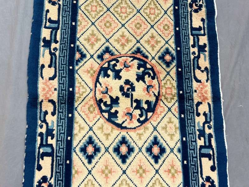 Vintage Chinese Rug 1'11x3'10 ft Hand-Knotted Wool Blue Cream Soft Pile Carpet gallery