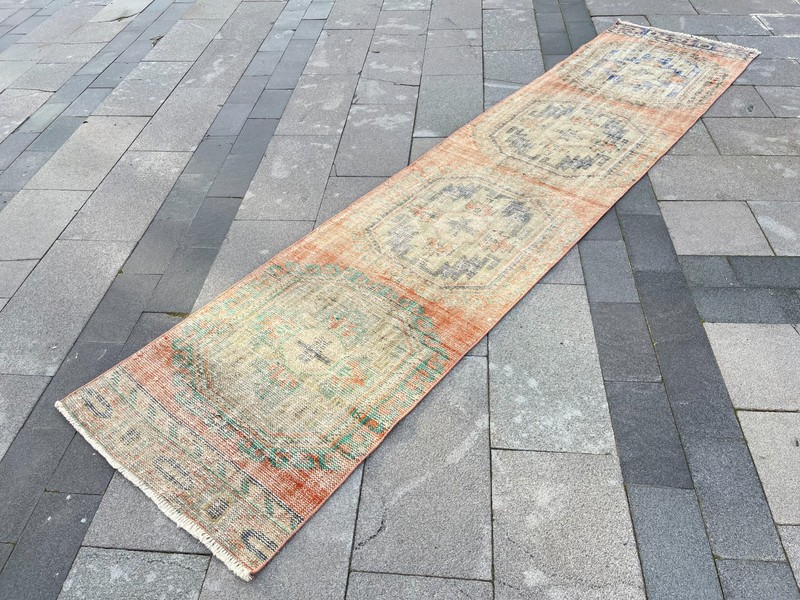 Vintage Oushak Runner 2.4x10.8 ft Antique Turkish Faded Pastel Hallway Rug gallery