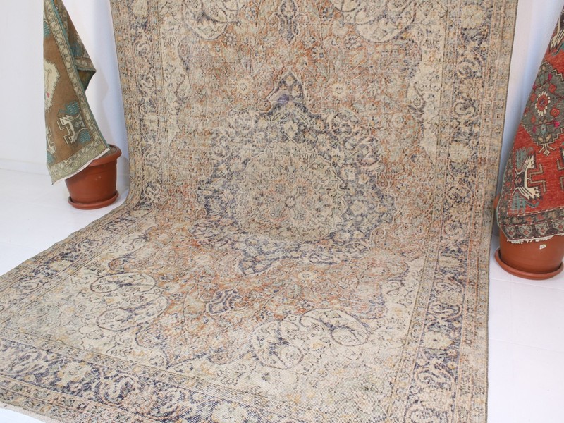 7x11 Beige Blue Oversize Area Rug, Handmade Turkish Rug, Wool Rug, 6.7x10.8 Ft gallery