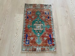 Vintage Small Rug 1.2×2.1 ft Red Tribal Medallion Bohemian Oushak Bath Carpet