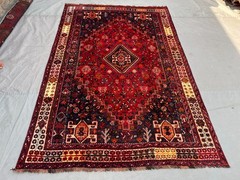 5’11×8’8 ft Vintage Afghan Red Geometric Tree Motif Handnooted Wool Area Rug