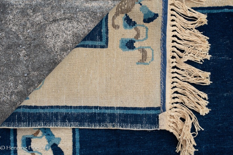Beautiful Antique Oriental Rug Blue & Cream Design w/ sword, Measures 67 x 37 gallery