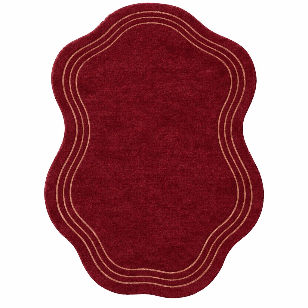 Modern Irregular Shape Area Rug | Burgundy Red Carpet with Gold Lines Soft Plush gallery