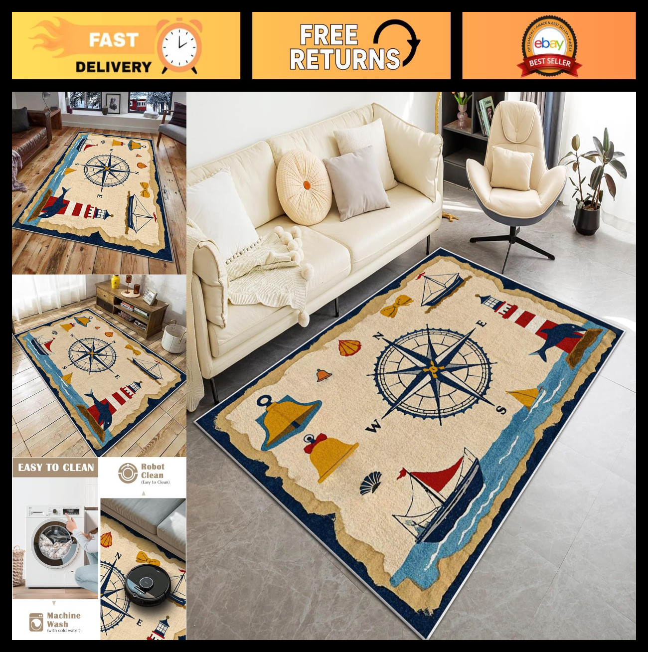 Vintage Nautical Compass Area Rug 5x7ft, Washable Non-Slip Carpet for Living Roo gallery