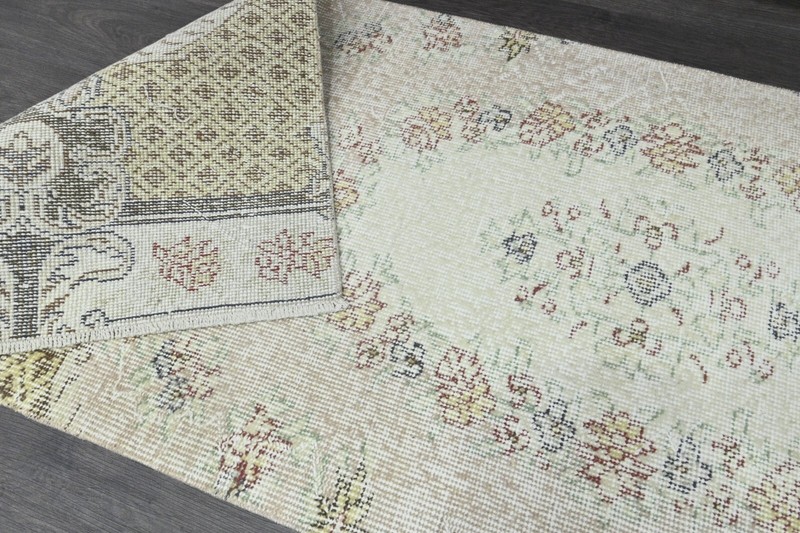 Vintage Turkish Runner Rug 2x7ft BEIGE Handmade Anatolian Oushak Hallway Wool gallery