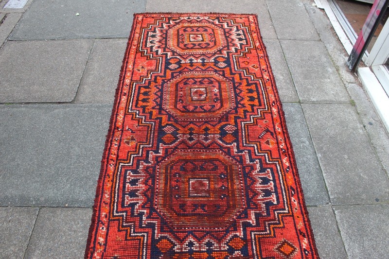 Vintage Worn Hand Made Traditional Oriental Wool Red Orange Long Runner 341x84cm gallery