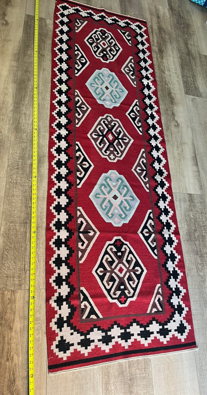 Vintage Handwoven Kilim Rug Runner - Red, Black, and Ivory Geometric Pattern, 98 gallery