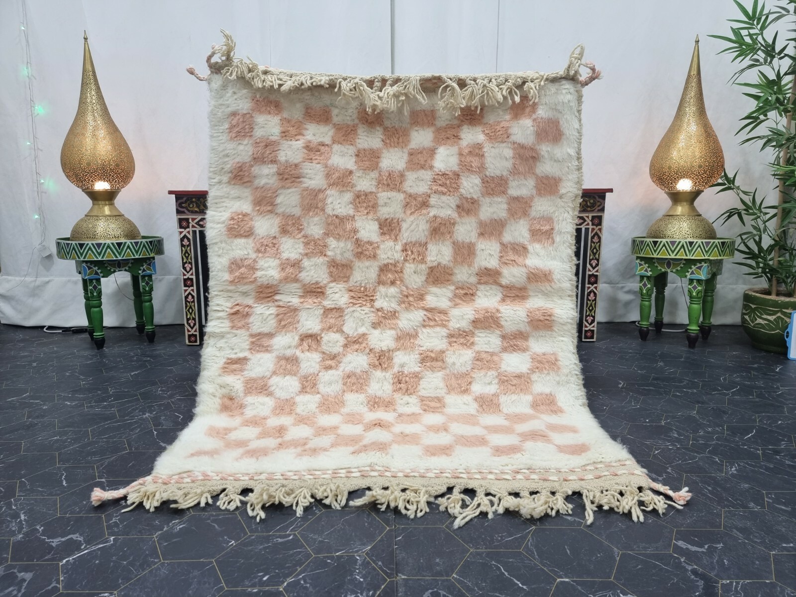 Moroccan Handmade Beni Ourain Rug 3'6x4'7" Berber Checked White Pink Carpet gallery