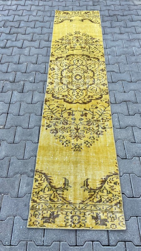 Turkish Rug, 2x9 ft, Vintage Rug, Runner Rug, Yellow Rug, Anatolian Carpet, Wool gallery