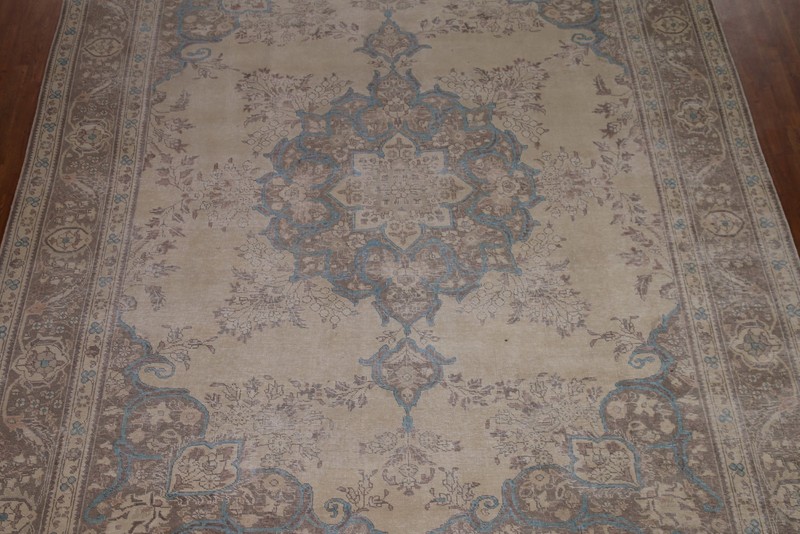Distressed Handmade Rug 10x12 Ft Living Room Area Rug Floral Beige Wool Carpet gallery