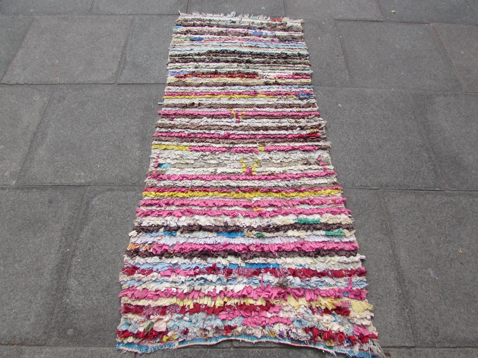 Vintage Hand Made Moroccan Boucherouite Cotton Fabric Pink Rug Runner 184x75cm gallery