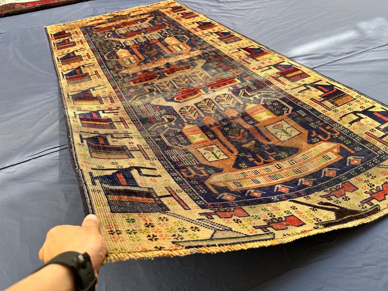 7'5 X 3'5 ft Vintage Gorgeous Tank Top Soviet War Carpet with Pictorial Runner gallery