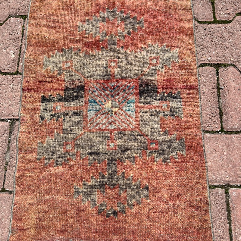Peach Gray 1x4 ft Vintage Turkish Oushak Wool Rug- Tariff Free gallery