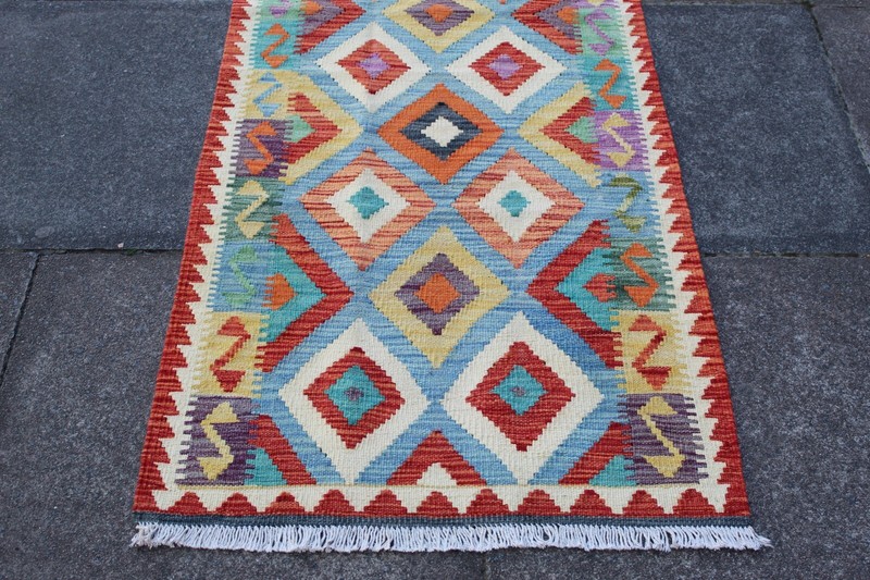 Kilim Vintage Traditional Hand Made Oriental Red Blue Wool Kilim Runner 198x71cm gallery