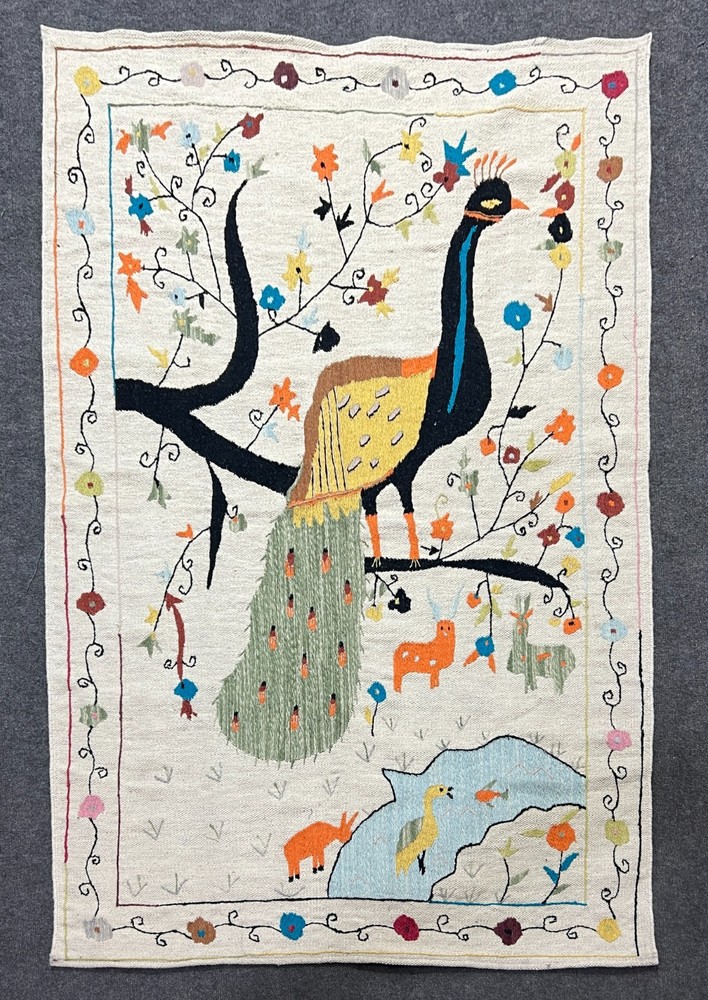 Afghan Suzani Rug 3.10x5.9 Ft | Wool Kilim with Peacock, Floral & Animal Motifs