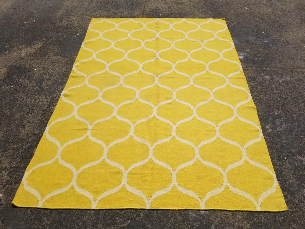 Vintage Traditional Handmade Oriental Wool Yellow Kilim Rug Carpet 7.8x5.4 ft