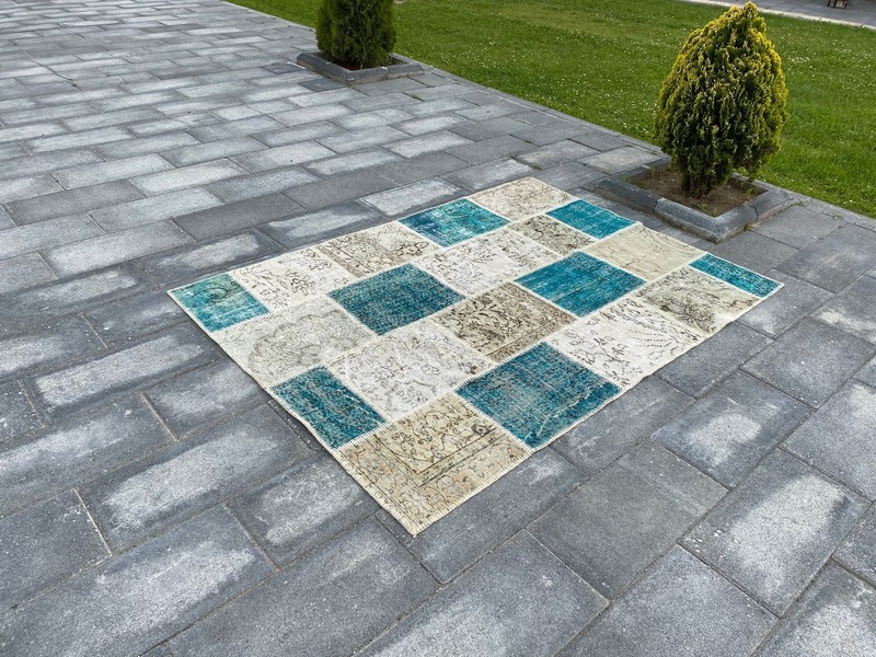 5.2x7.3 Large Vintage Blue Turkish Anatolian Patchwork Rug gallery