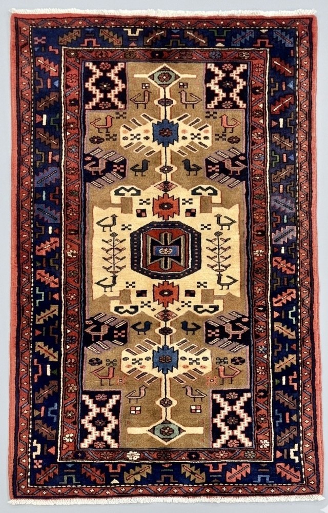 Vintage Oriental Area Rug 4x7 Hand Knotted Wool Tribal Bird Ivory Tarom Nomadic