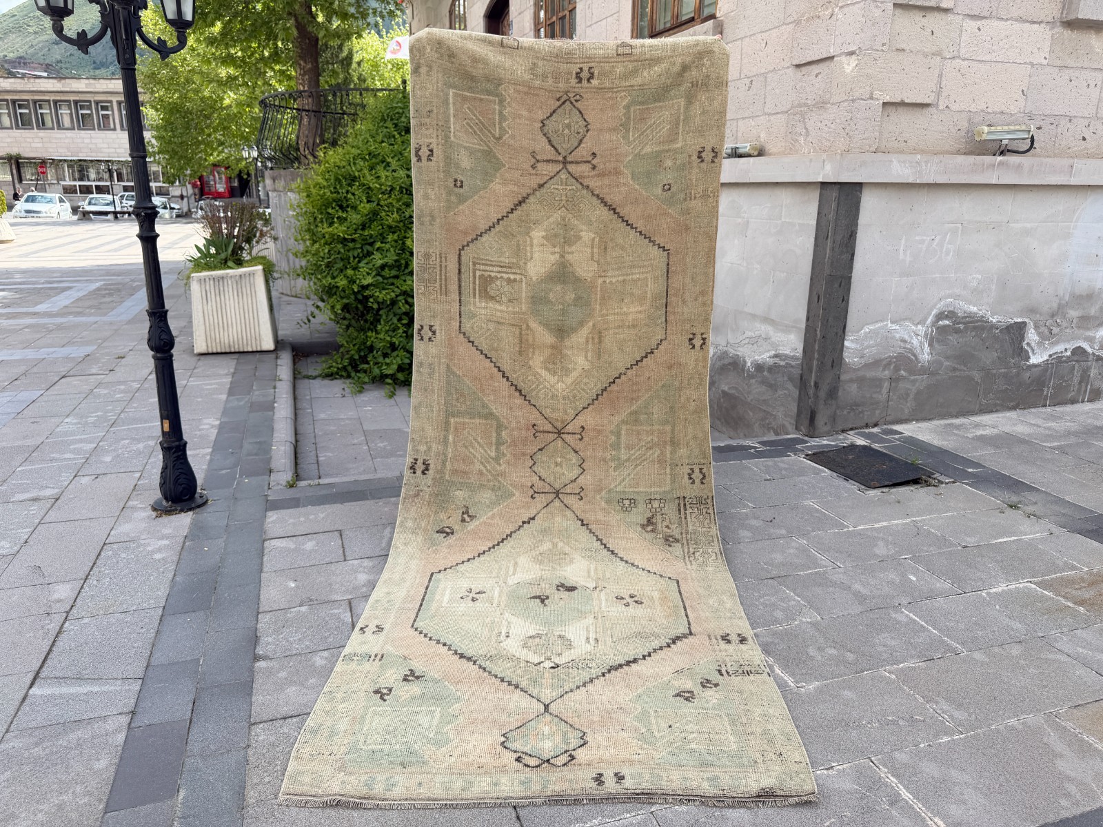 Vintage Turkish Oushak Runner Rug 4.2x11.2 ft Sage Green Hallway Rug gallery