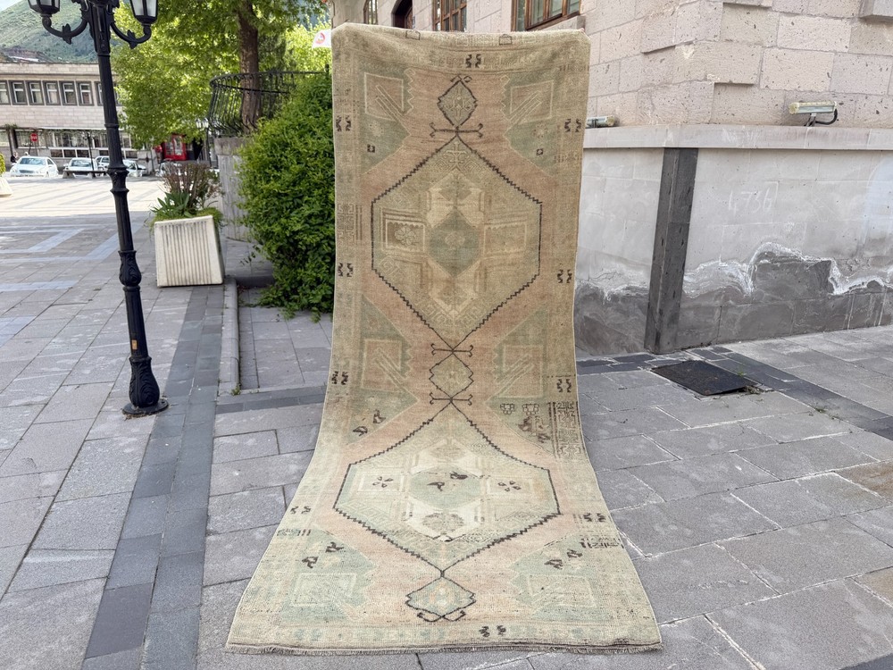 Vintage Turkish Oushak Runner Rug 4.2x11.2 ft Sage Green Hallway Rug