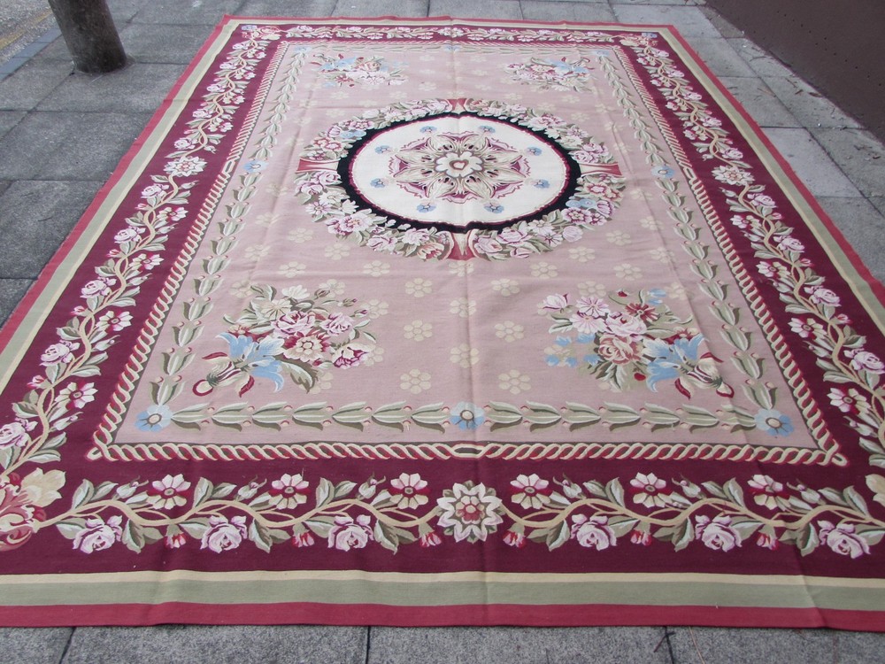 Old Hand Made French Design Wool Burgandy Mauve Original Aubusson 368X281cm
