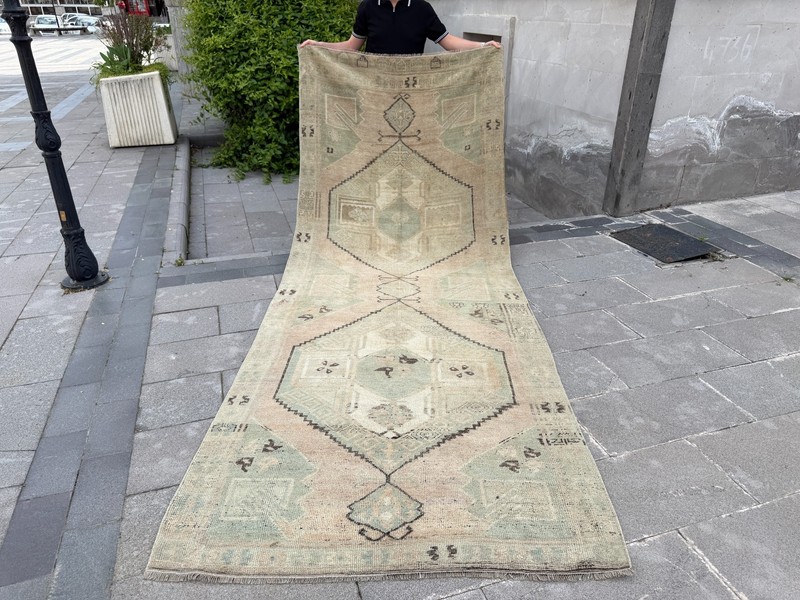 Vintage Turkish Oushak Runner Rug 4.2x11.2 ft Sage Green Hallway Rug gallery