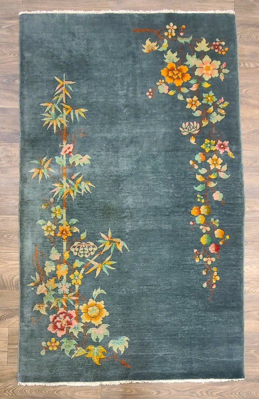 Antique handwoven authentic Chinese olive green rug size 4x6'9" circa 1920s gallery