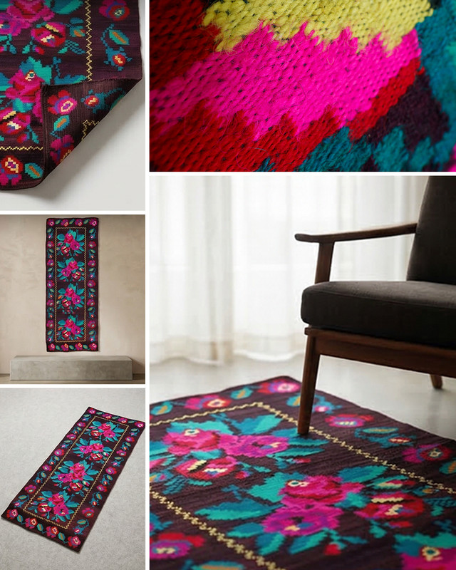 Romanian Bessarabian Floral Runner Rug Handwoven Wool Pink Roses 1970s 13x4ft gallery