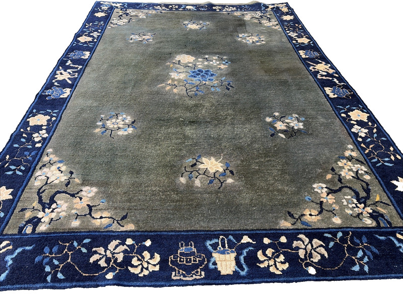 Auth: Antique Art Deco Chinese Rug Plush Green Wool Beauty 6x9 gallery