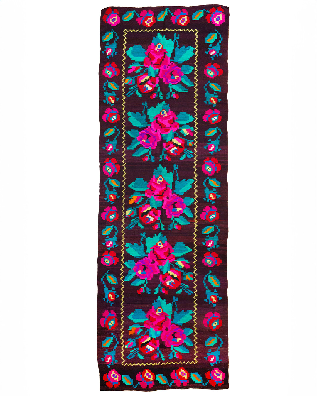 Romanian Bessarabian Floral Runner Rug Handwoven Wool Pink Roses 1970s 13x4ft gallery