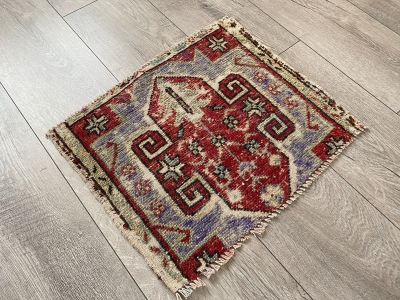 Vintage mini rug, Turkish small rug, Square rug, Bath rug, Wool rug, 1.3x1.5 ft gallery