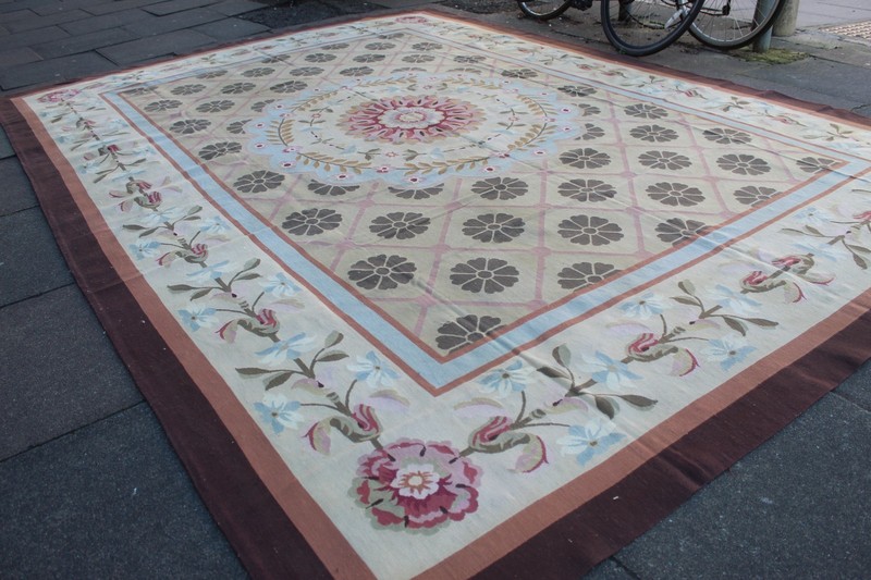 Old Hand Made French Design Wool Beige brown Green Original Aubusson 375X268cm gallery