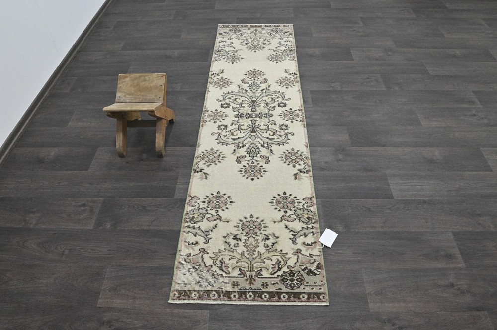 Vintage Turkish Runner Rug 2x7ft Wool Anatolian Handmade Hallway Oushak BEIGE