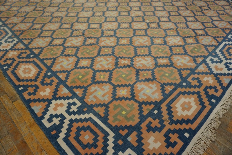 12X15 Vintage Indian Dhurries Blue Cotton Area Rug 1935 gallery