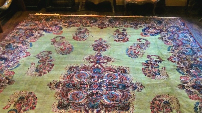 SEMI ANTIQUE KIRMAN ORIENTAL RUG 9'9" x 14'6" GREEN FIELD W/ FLORAL BORD gallery