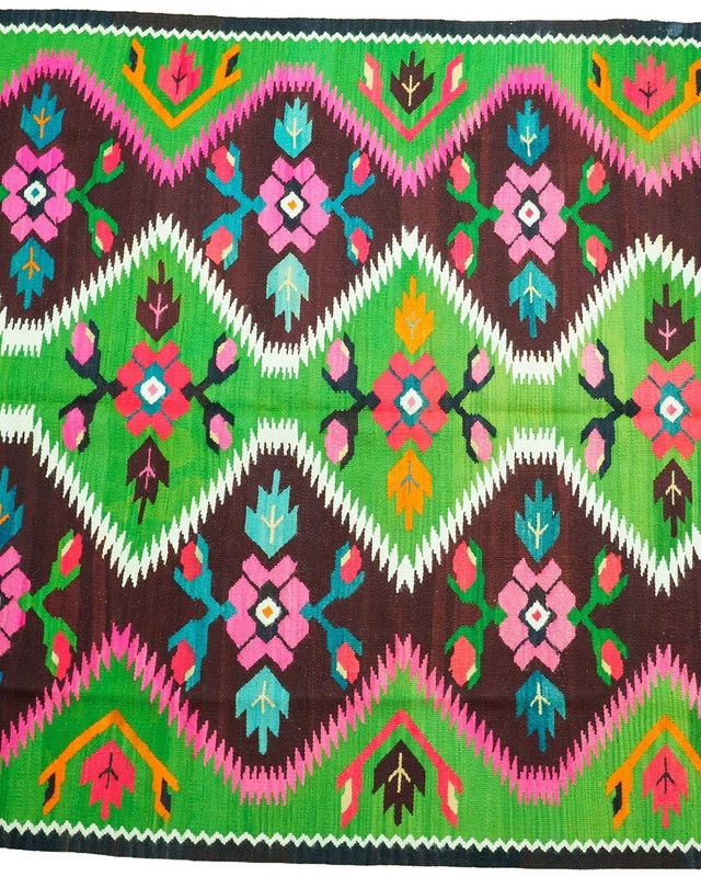 Oltenian Kilim Runner 100% Wool Geometric Green Pink Fuchsia 1970s Romania 15x6f gallery