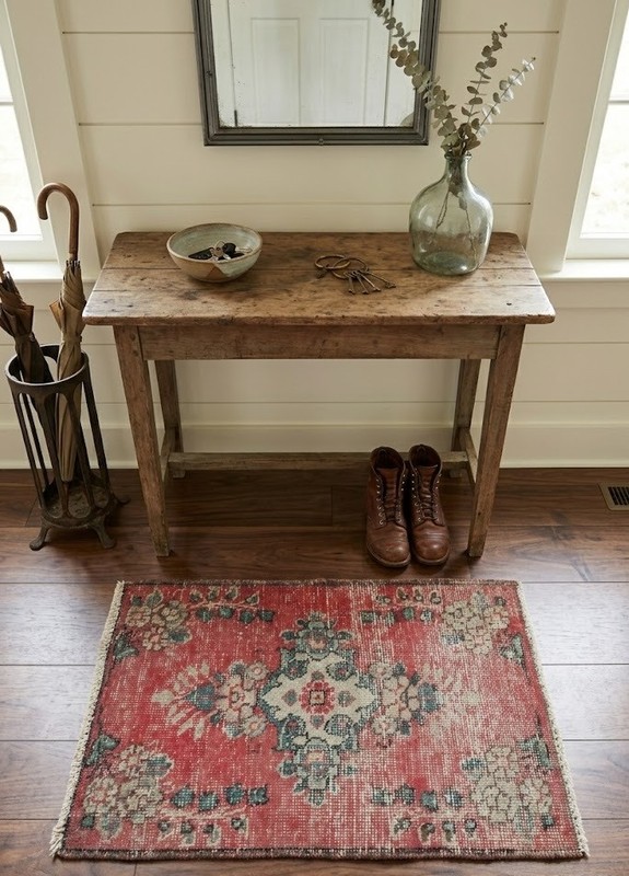 Semi Antique Distressed Oriental Rug Muted Floral Handmade Carpet 1'6X2'3 ft gallery