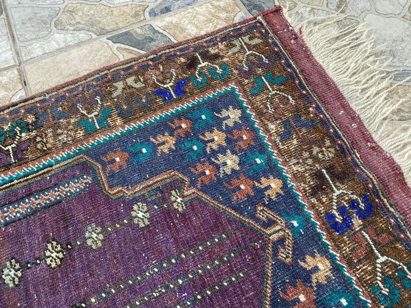 Vintage Turkish Handmade Wool Prayer Rug | Geometric Anatolian Oushak Carpet 2x4 gallery
