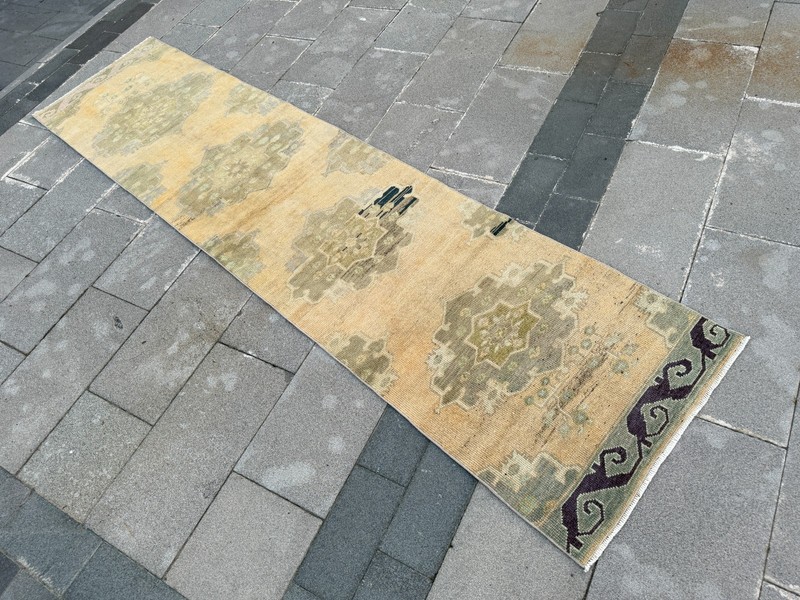 Vintage Turkish Oushak Runner Rug 2.4x10 ft Honey Beige Sage Green Rug gallery