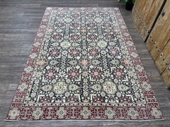 5×8 Vintage Turkish Area Rug, Dark Navy Blue with Burgundy Living Room Rug