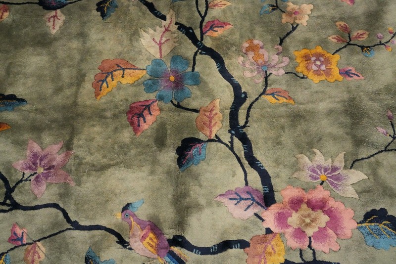 Art Deco Rug 4x6 ft Chinese Antique Style Green/ Gold Hand-knotted gallery