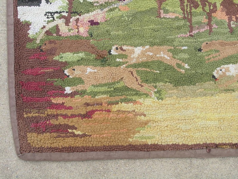 Antique Primitive American Hooked Rug on Burlap Fox Hunt Scene Dogs Horse Riders gallery